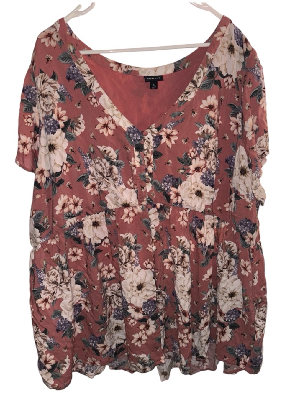 torrid dusty coral floral V-neck peplum tunic